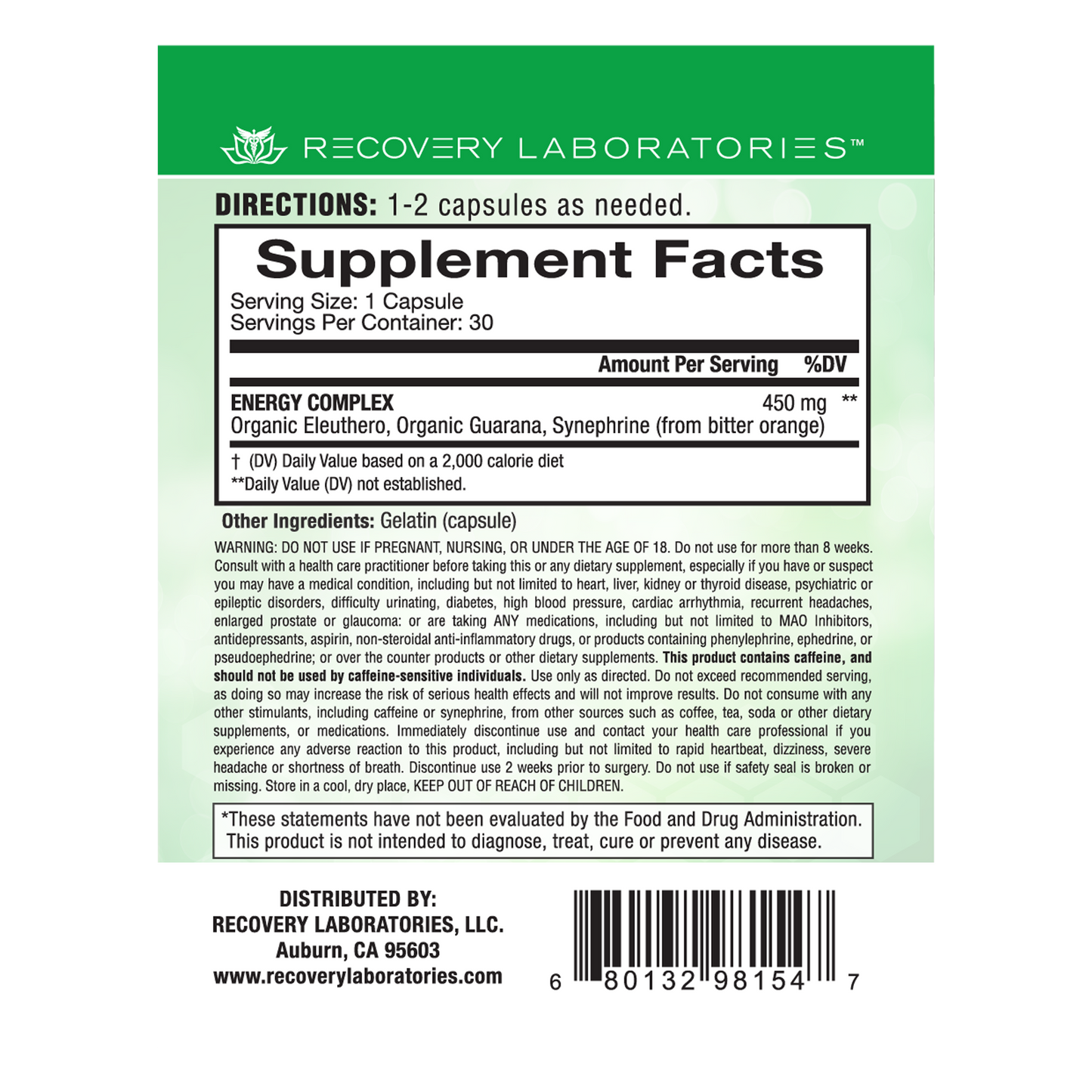 Back label of Energy Complex supplement packaging showing ingredients, usage instructions, and supplement facts