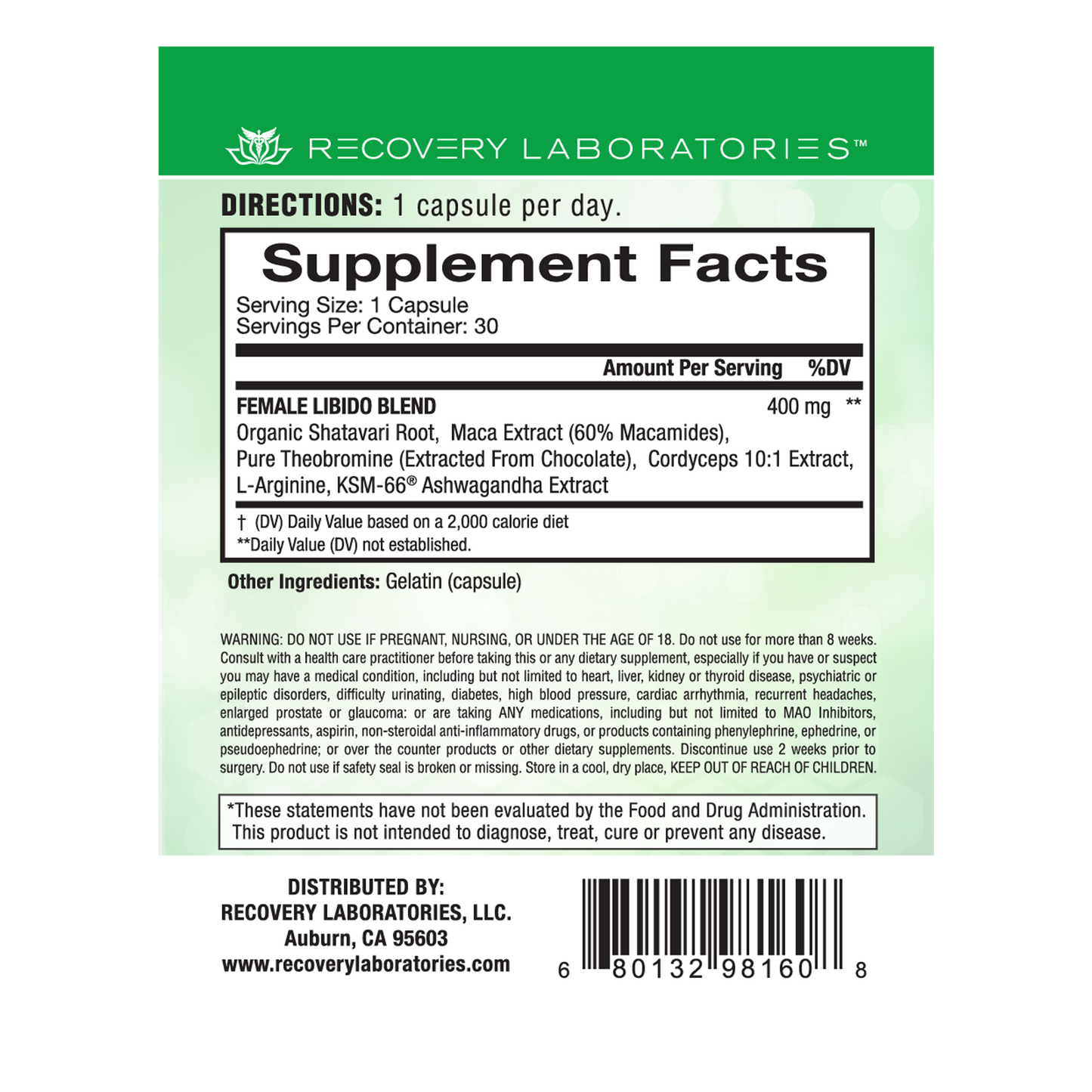 Back label of Female Libido supplement packaging showing ingredients, usage instructions, and supplement facts