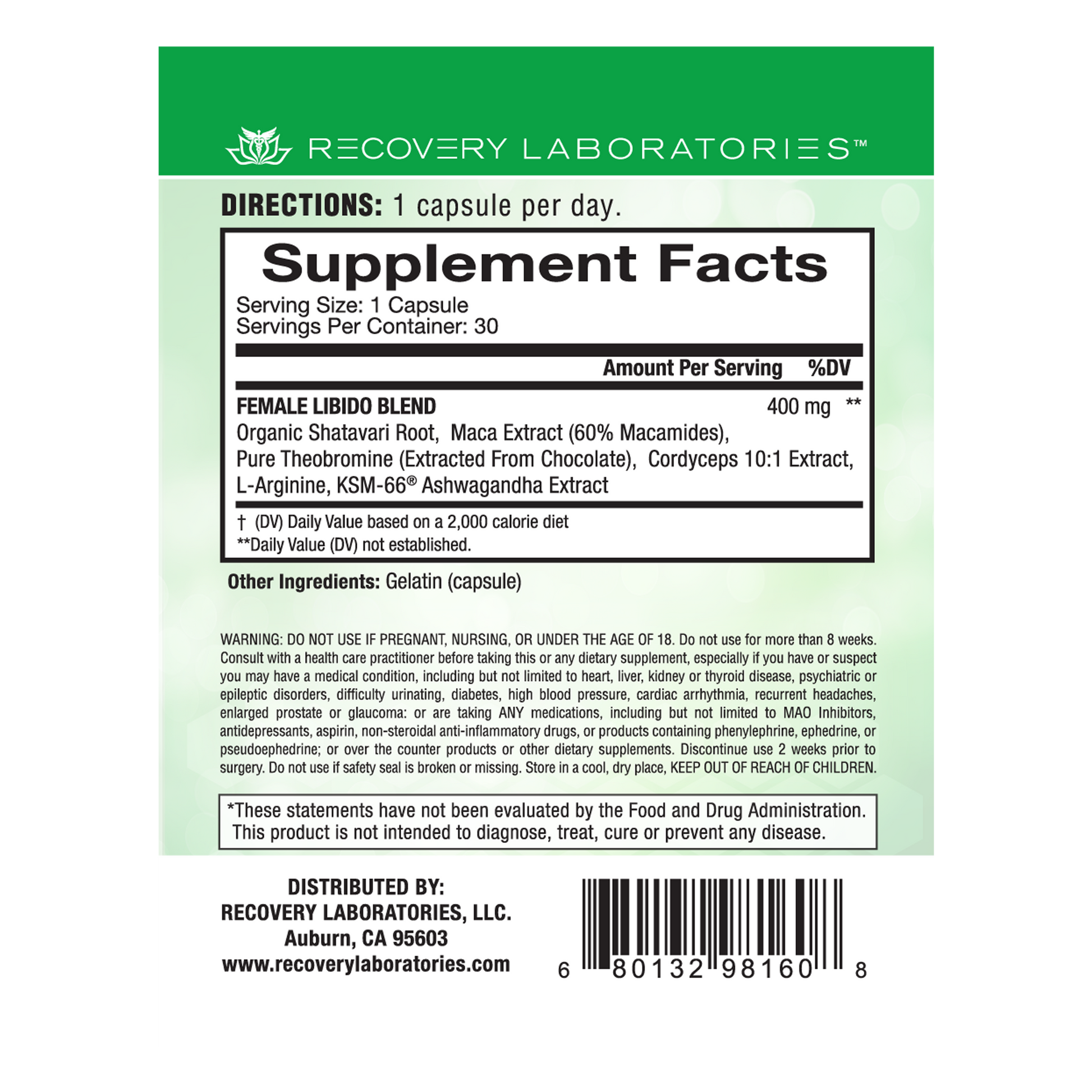 Back label of Female Libido supplement packaging showing ingredients, usage instructions, and supplement facts