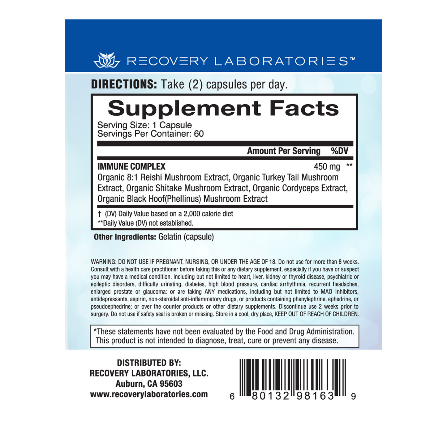 Back label of Immune Complex supplement packaging showing ingredients, usage instructions, and supplement facts