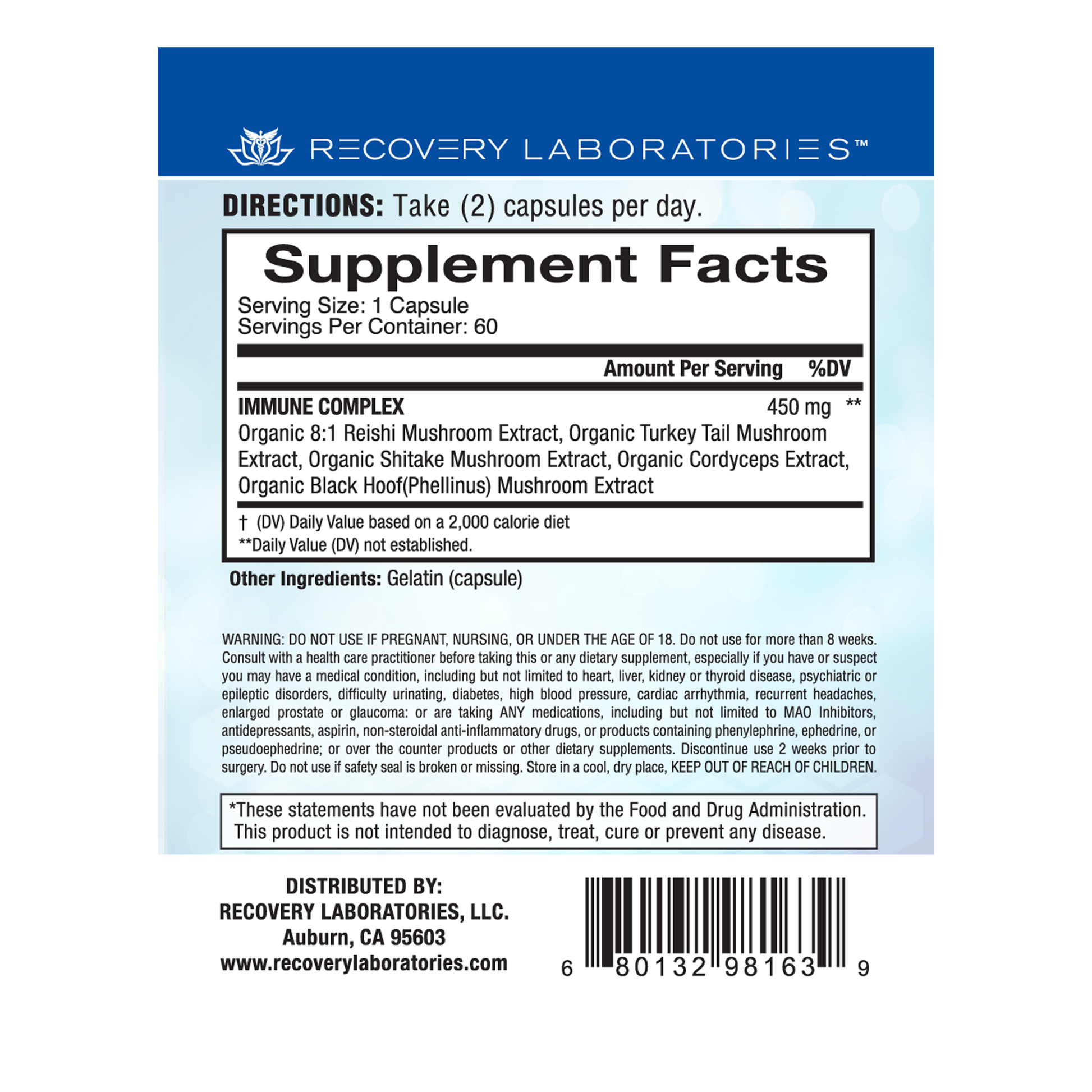Back label of Immune Complex supplement packaging showing ingredients, usage instructions, and supplement facts