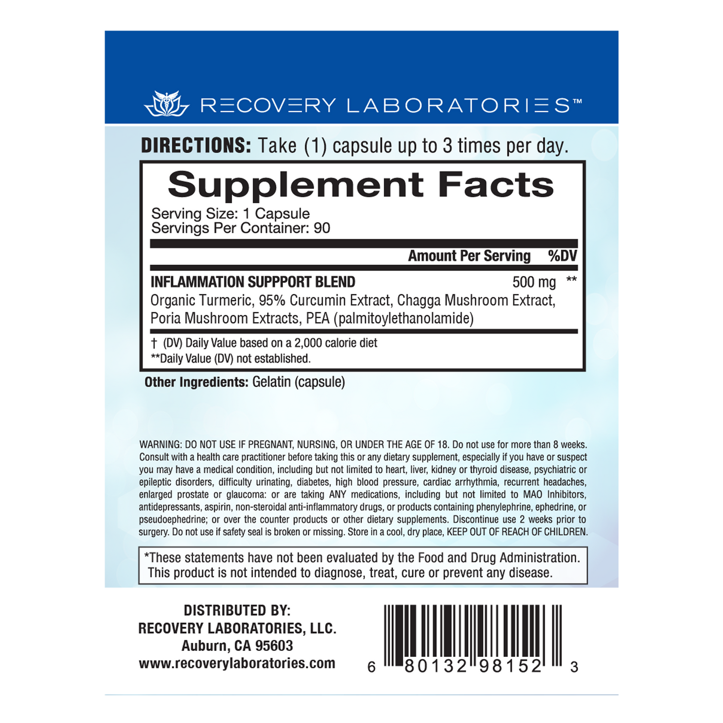 Back label of Inflamation Support supplement packaging showing ingredients, usage instructions, and supplement facts