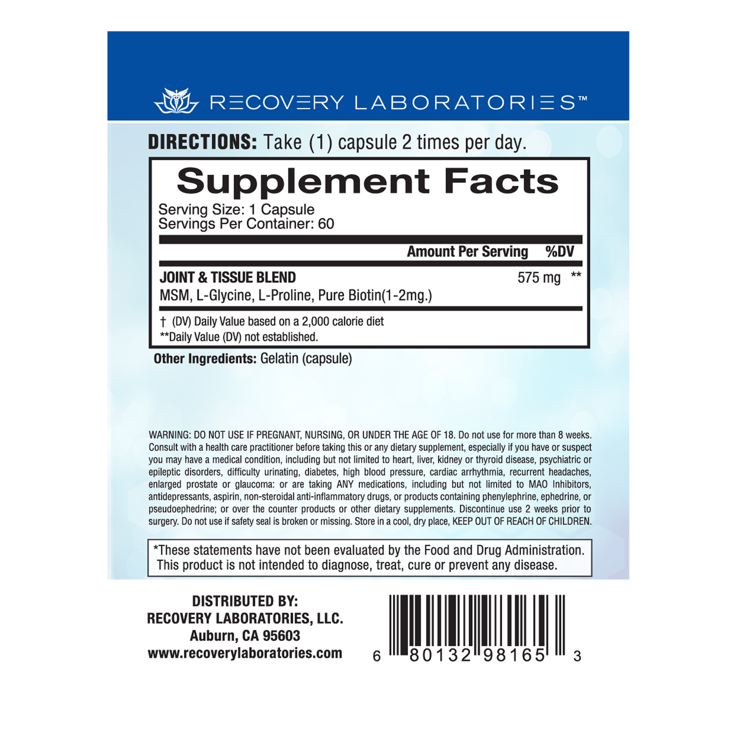Back label of Joint and Tissue supplement packaging showing ingredients, usage instructions, and supplement facts