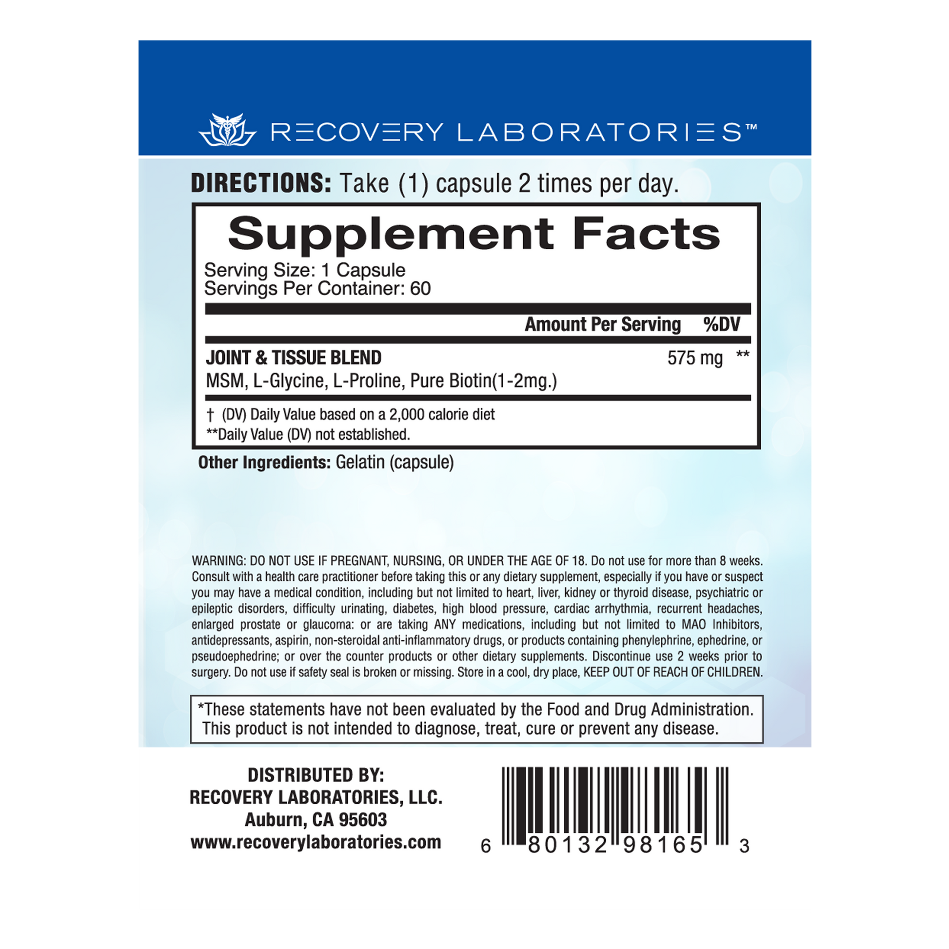 Back label of Joint and Tissue supplement packaging showing ingredients, usage instructions, and supplement facts