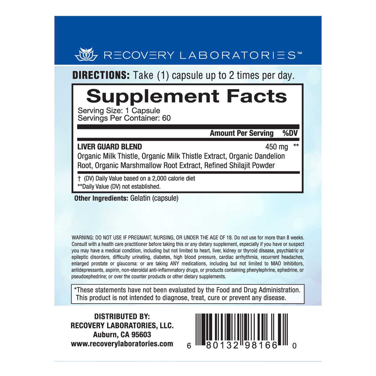 Back label of Liver Guard supplement packaging showing ingredients, usage instructions, and supplement facts