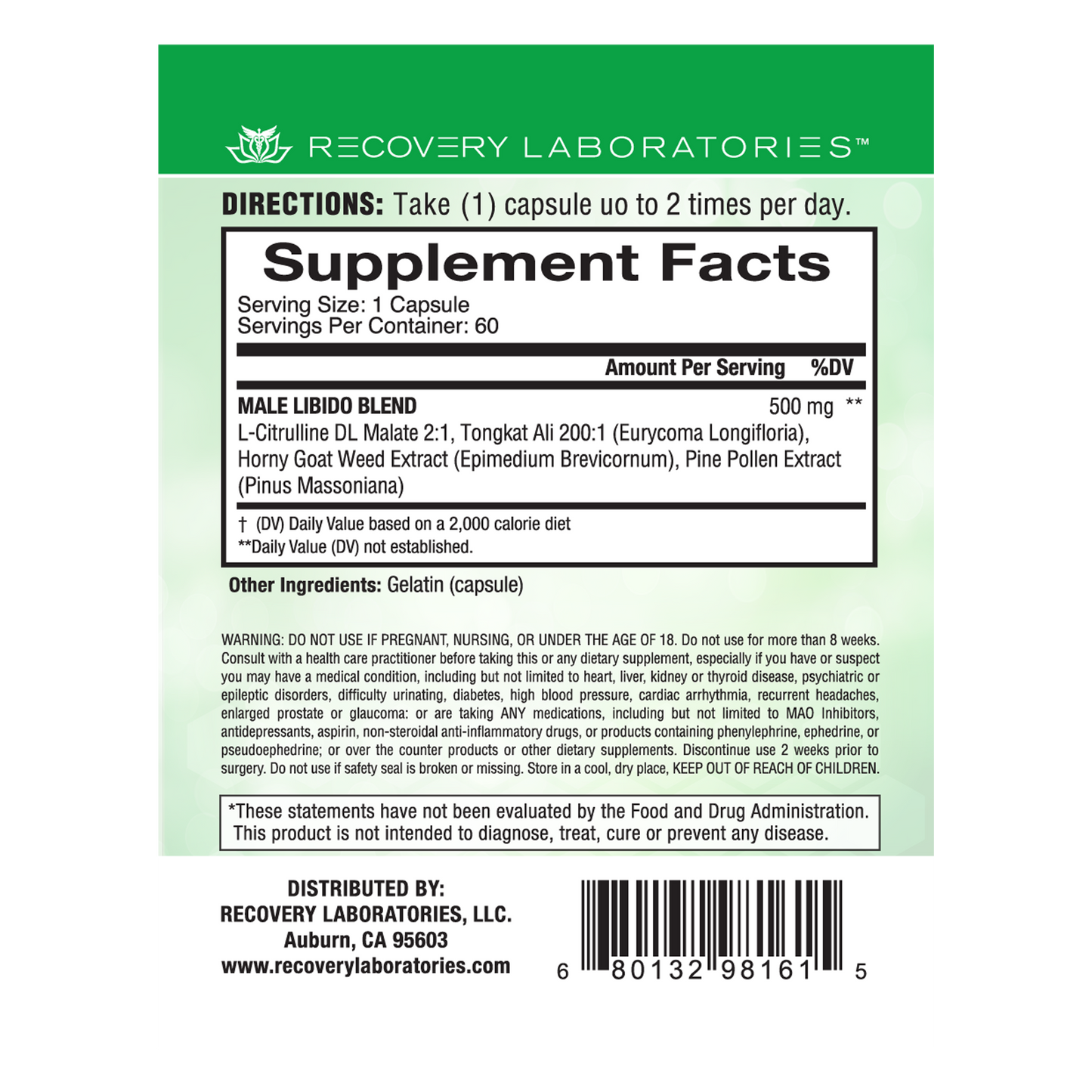 Back label of Male Libido supplement packaging showing ingredients, usage instructions, and supplement facts