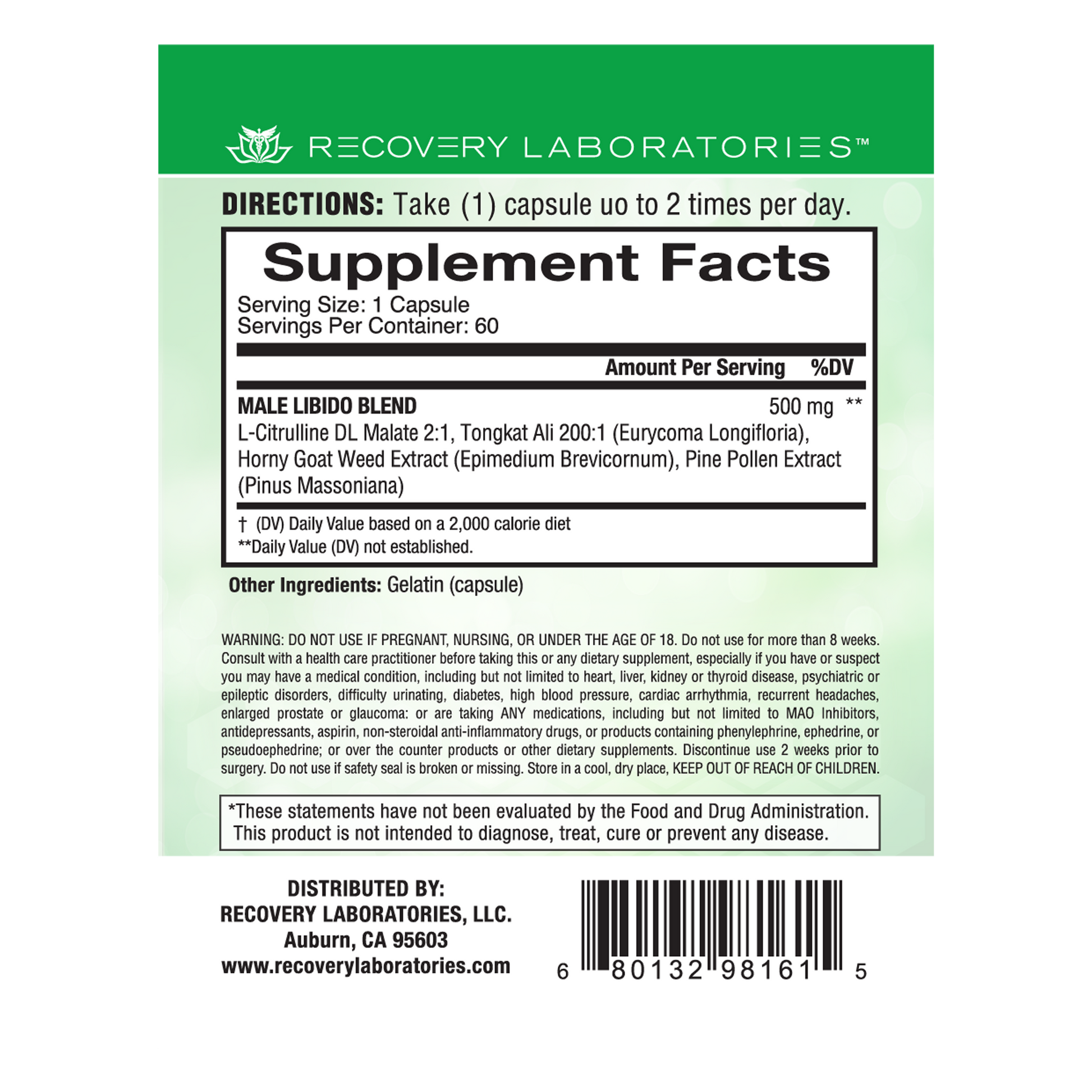 Back label of Male Libido supplement packaging showing ingredients, usage instructions, and supplement facts