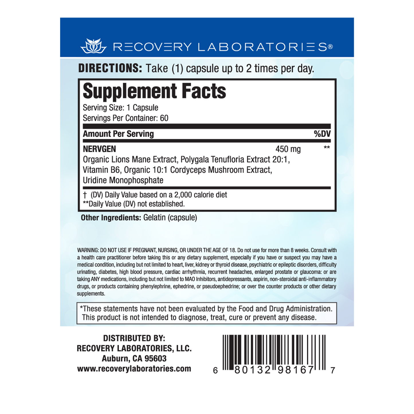Back label of Nervgen supplement packaging showing ingredients, usage instructions, and supplement facts