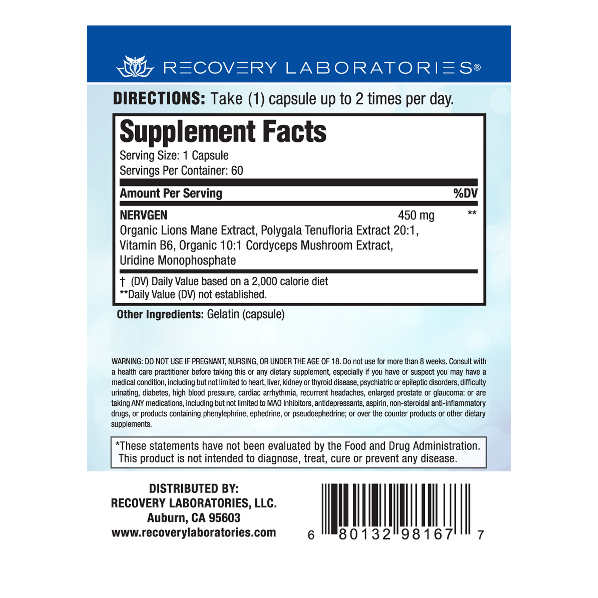 Back label of Nervgen supplement packaging showing ingredients, usage instructions, and supplement facts
