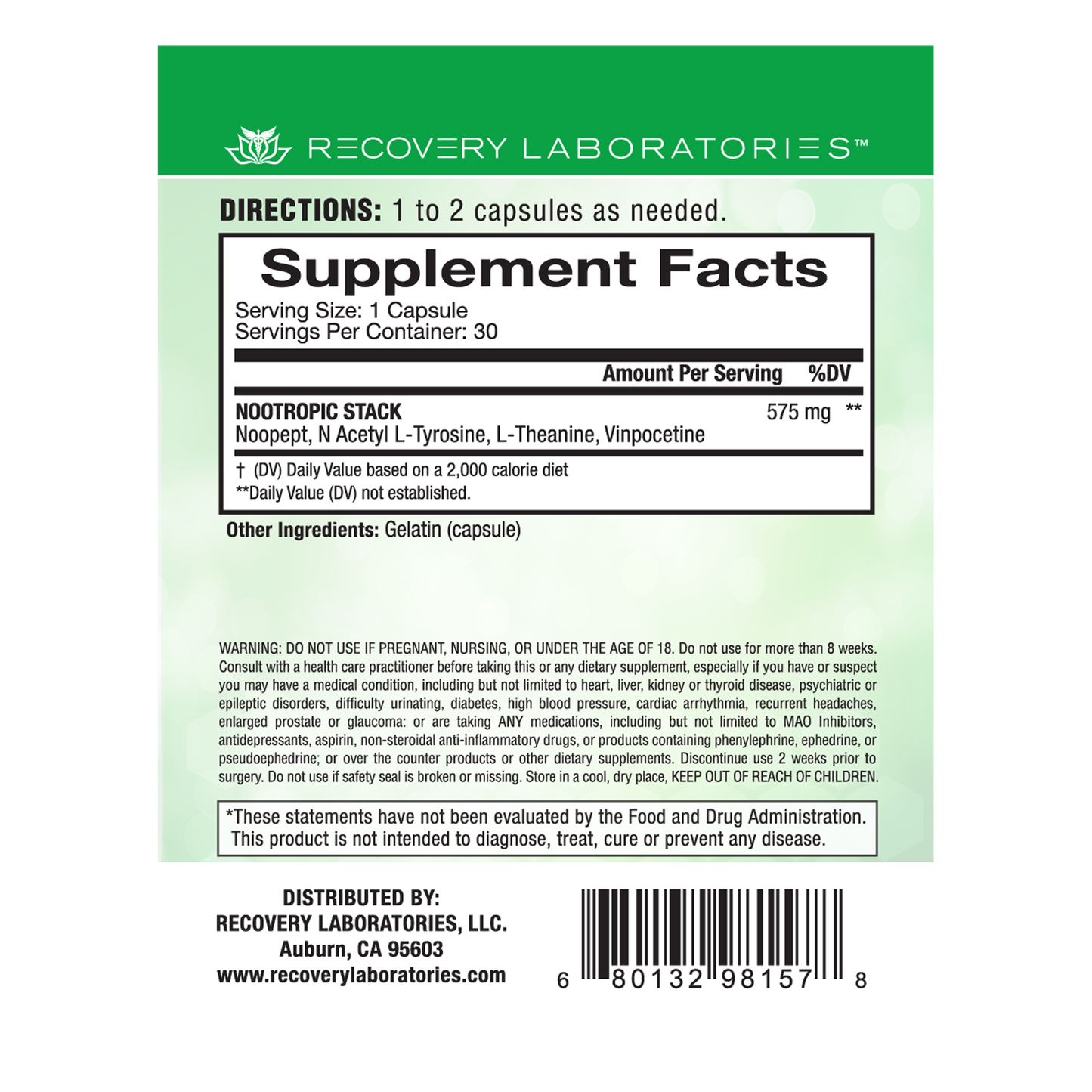 Back label of Nootropic Stack supplement packaging showing ingredients, usage instructions, and supplement facts