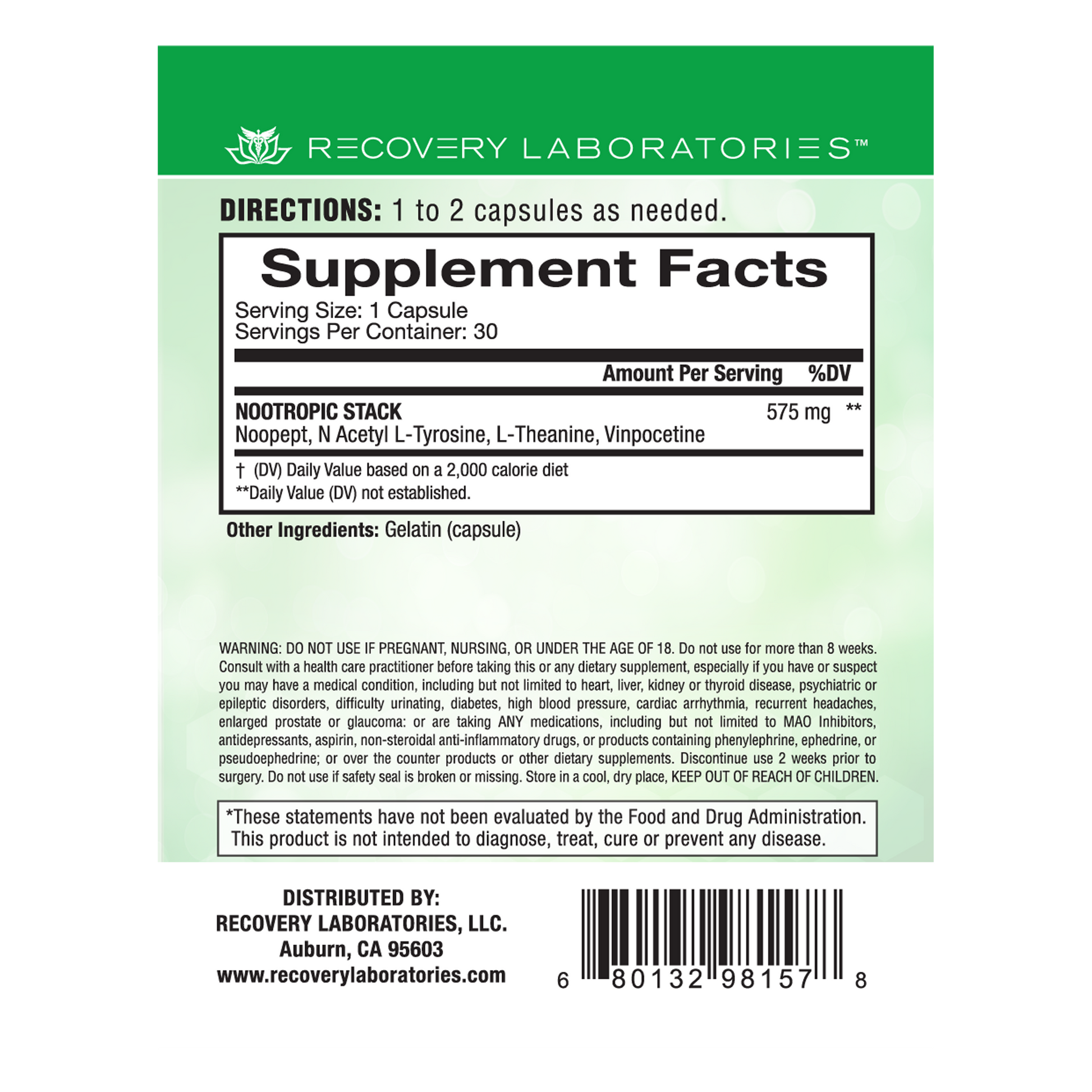 Back label of Nootropic Stack supplement packaging showing ingredients, usage instructions, and supplement facts
