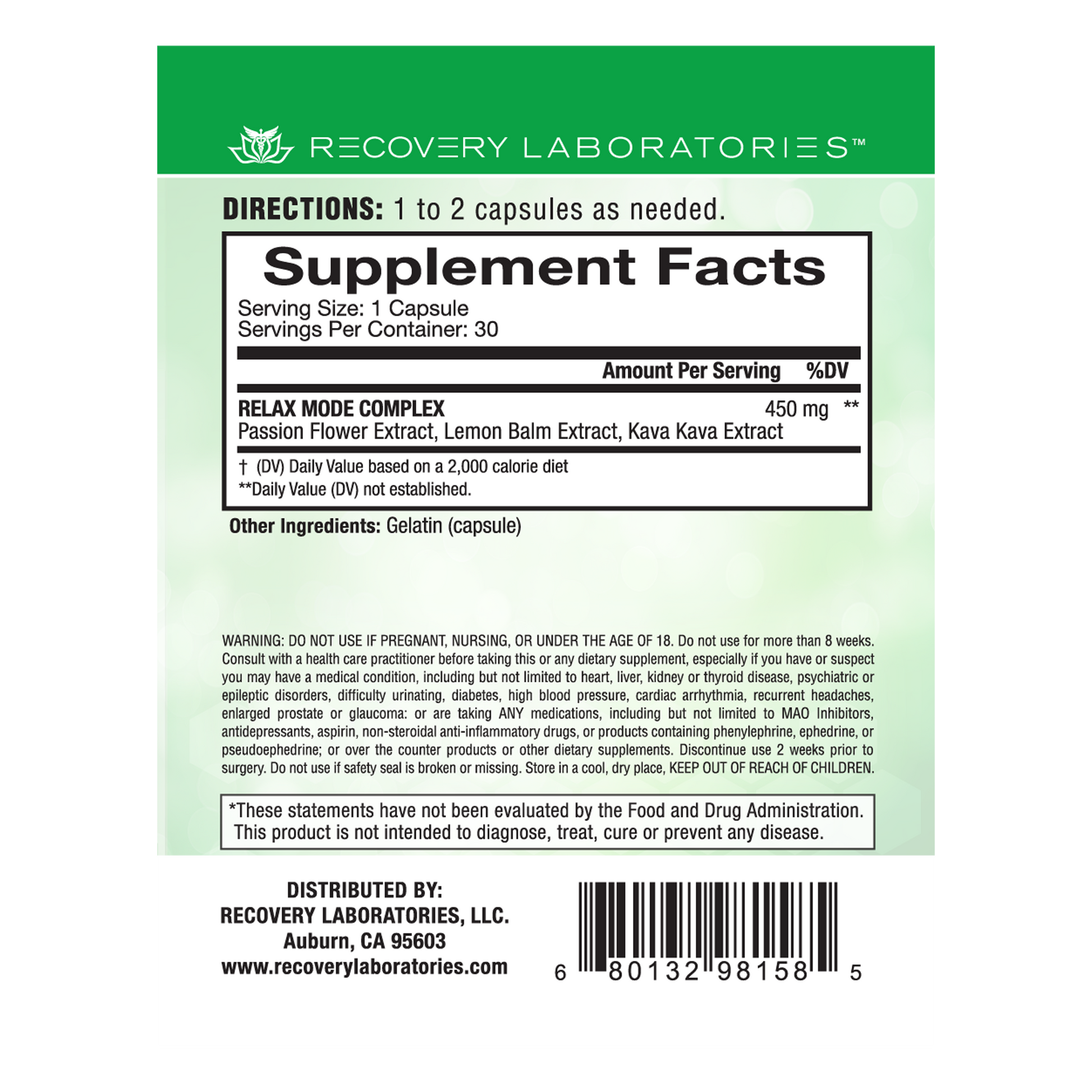 Back label of Relax Mode supplement packaging showing ingredients, usage instructions, and supplement facts