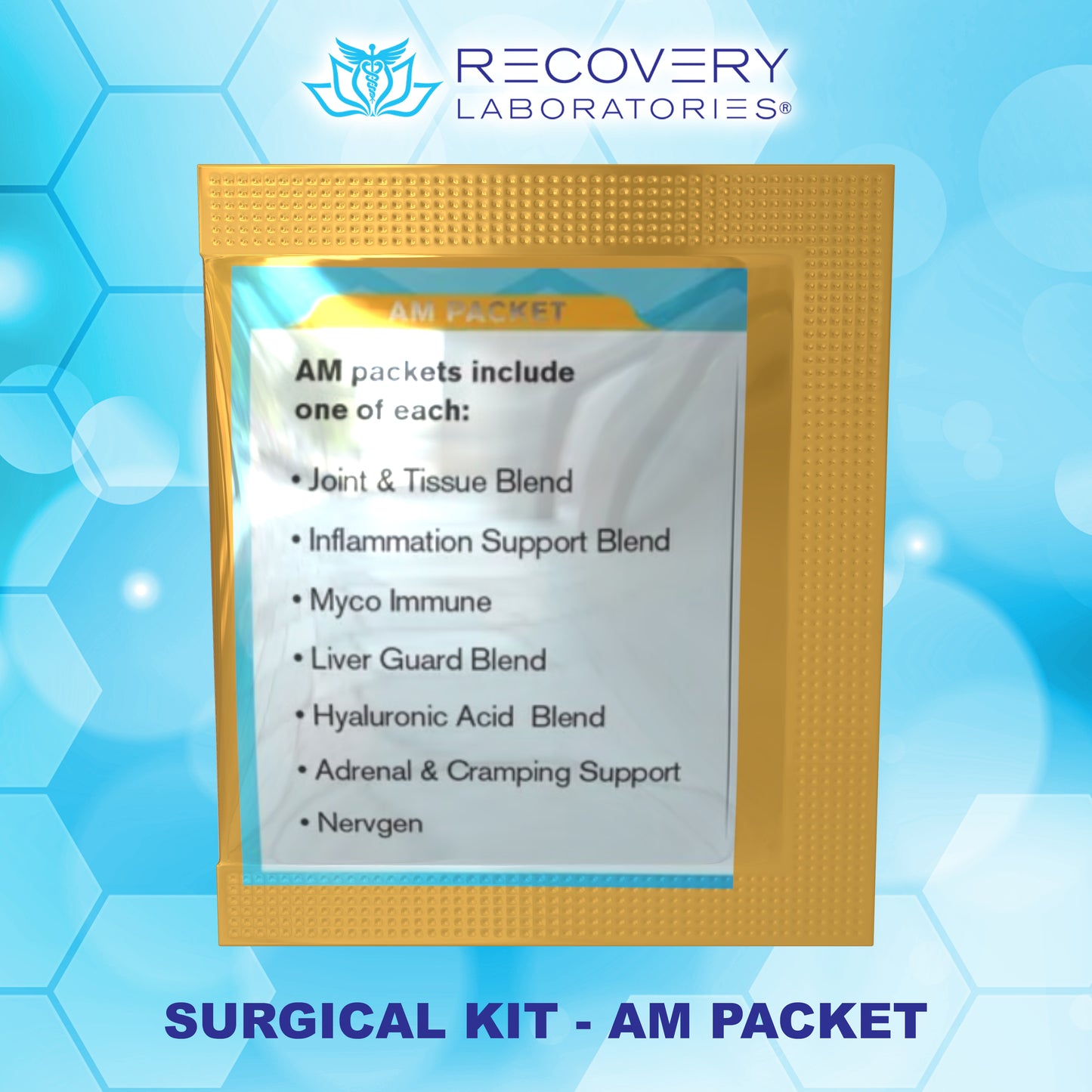 AM packet from Surgical Kit, containing daytime supplements to support energy, alertness, and surgical recovery