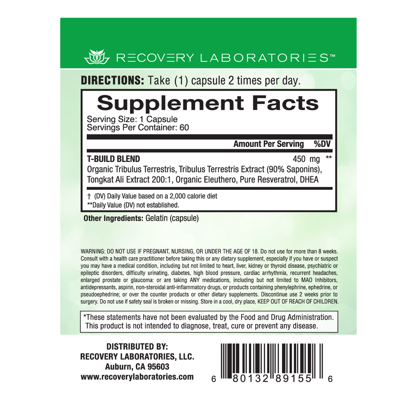 Back label of T-Build supplement packaging showing ingredients, usage instructions, and supplement facts