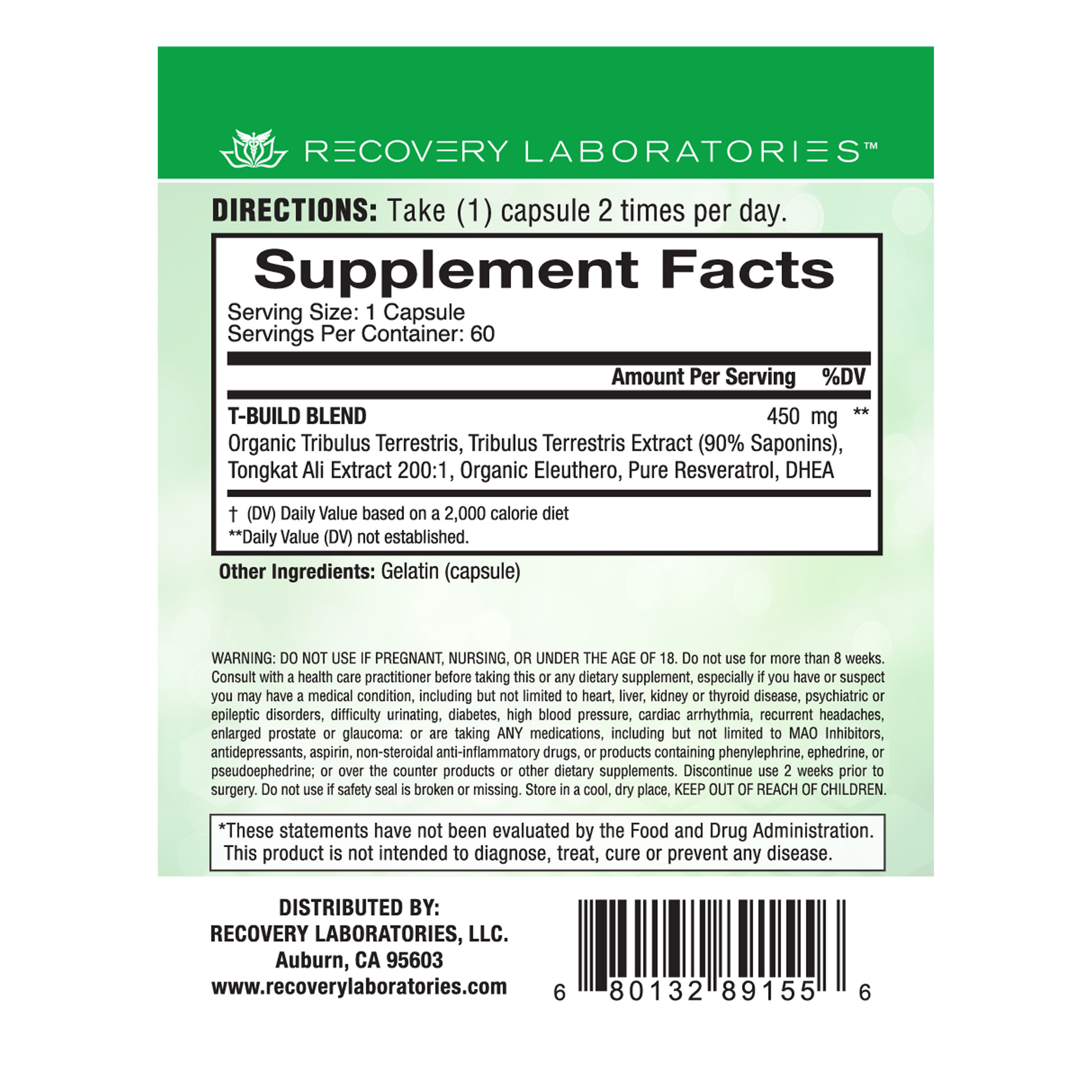 Back label of T-Build supplement packaging showing ingredients, usage instructions, and supplement facts