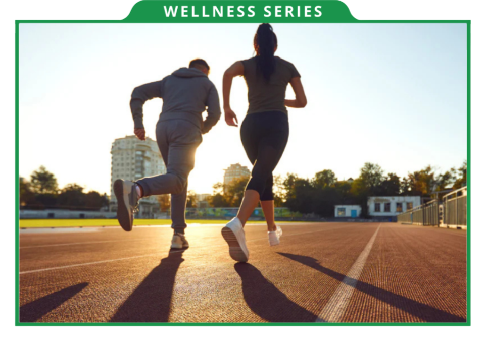 Two people running on a track with 'Wellness Series' text at the top.