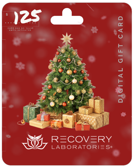 Digital gift card with a Christmas tree and presents design, featuring Recovery Laboratories logo.