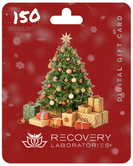 Digital gift card with a Christmas tree and presents design, featuring Recovery Laboratories logo.