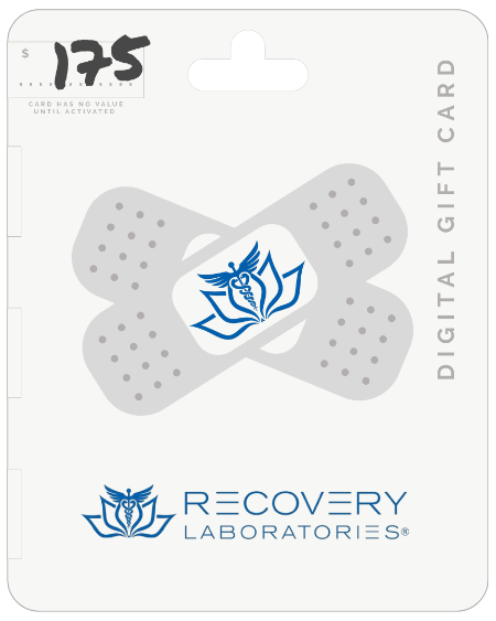 Digital gift card packaging for Recovery Laboratories with a blue logo on a white background.
