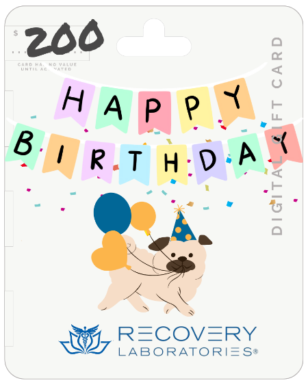 Digital gift card with a dog wearing a birthday hat and balloons, and 'Happy Birthday' text, from Recovery Laboratories.