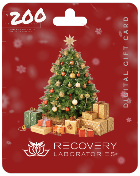 Digital gift card with a Christmas tree and presents on a red background, featuring Recovery Laboratories logo.