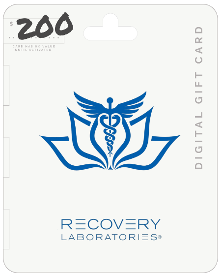 Digital gift card for Recovery Laboratories with blue logo and $200 value on a white background