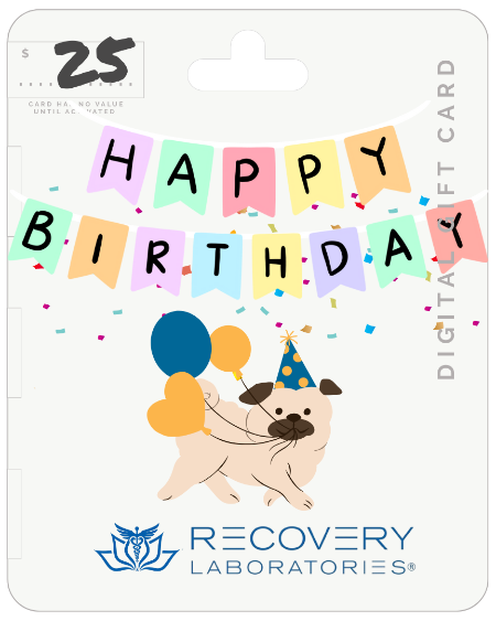 Digital gift card with a dog wearing a party hat and balloons, and 'Happy Birthday' text, from Recovery Laboratories.