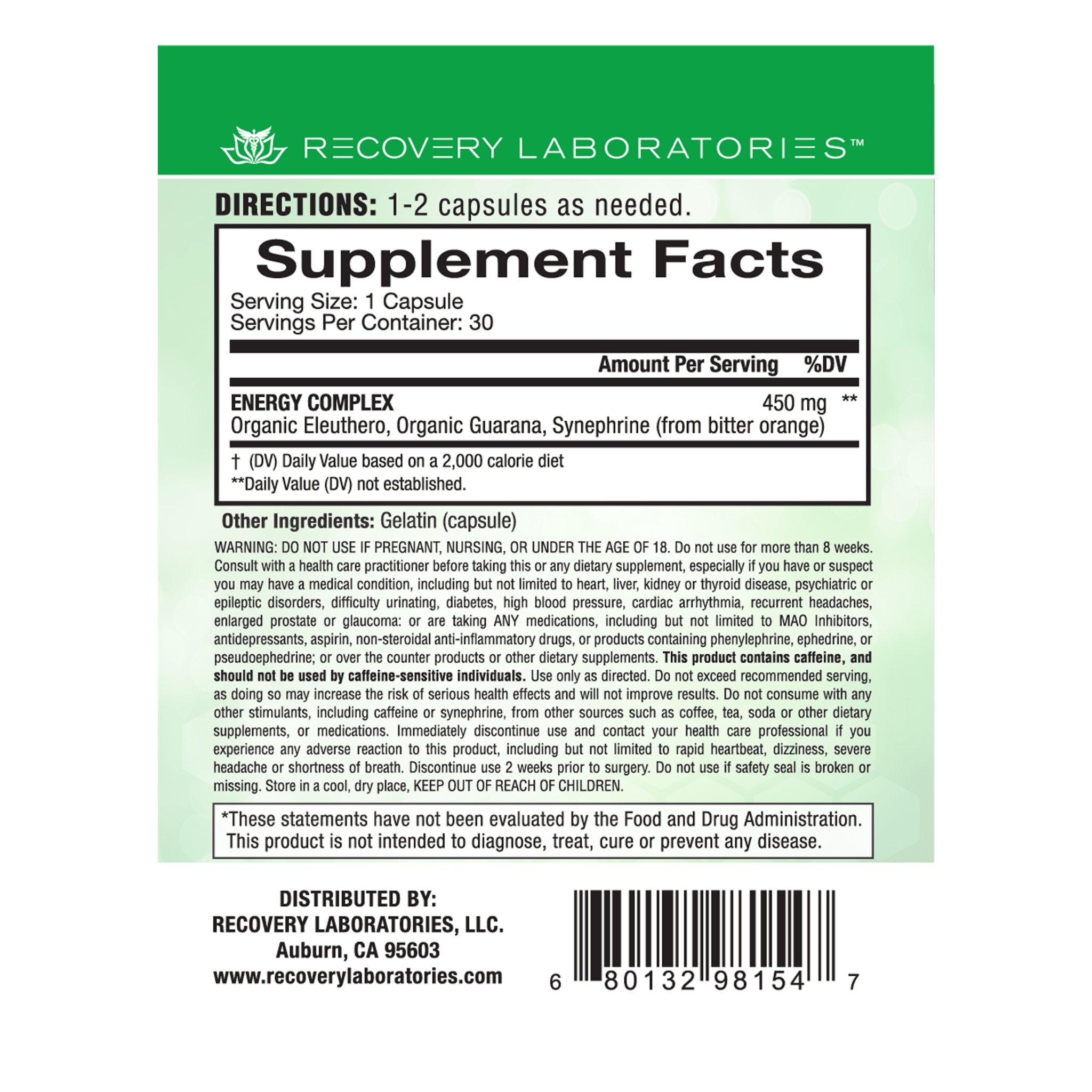 Natural Energy Supplement Facts