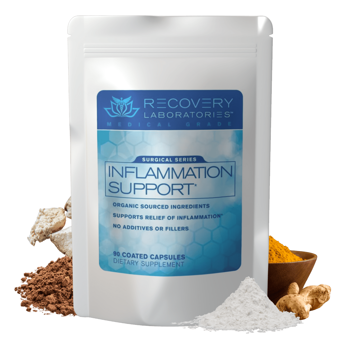 Inflammation Support Supplement Package with Ingredients Displayed