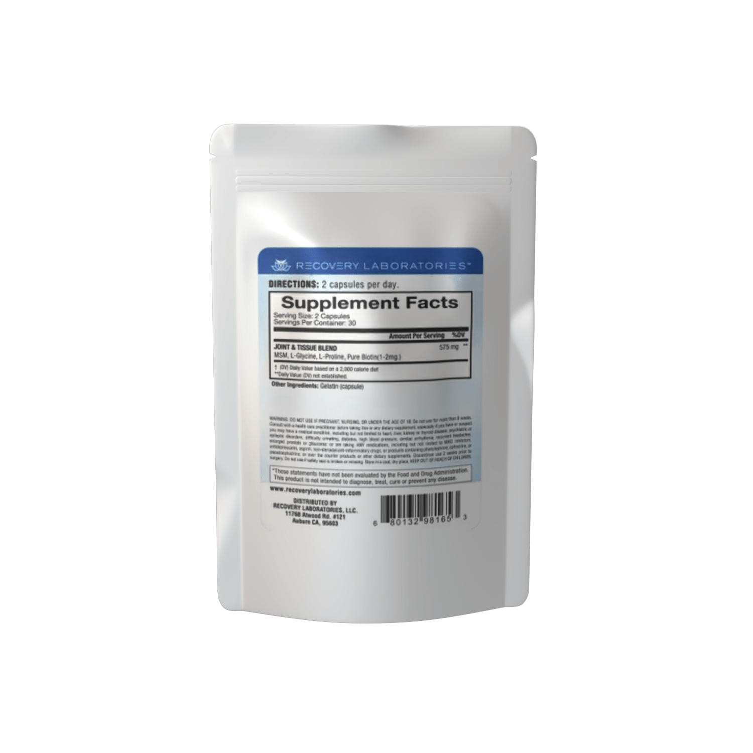 Joint & Tissue Support Supplement Package Back