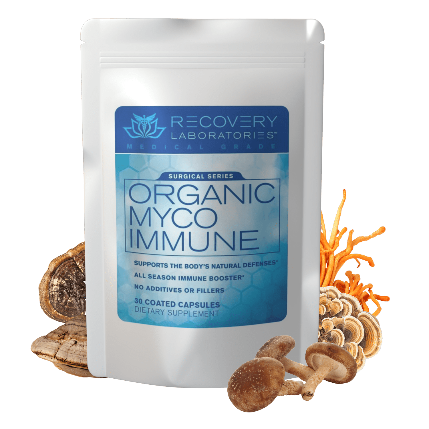Organic Myco Immune Supplement with ingredients displayed