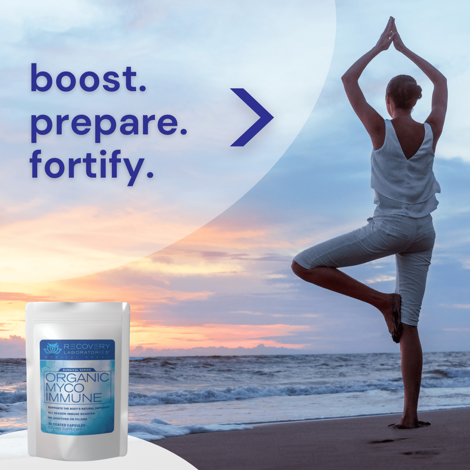 Organic Myco Immune Supplement lifestyle image with healthy person doing yogo