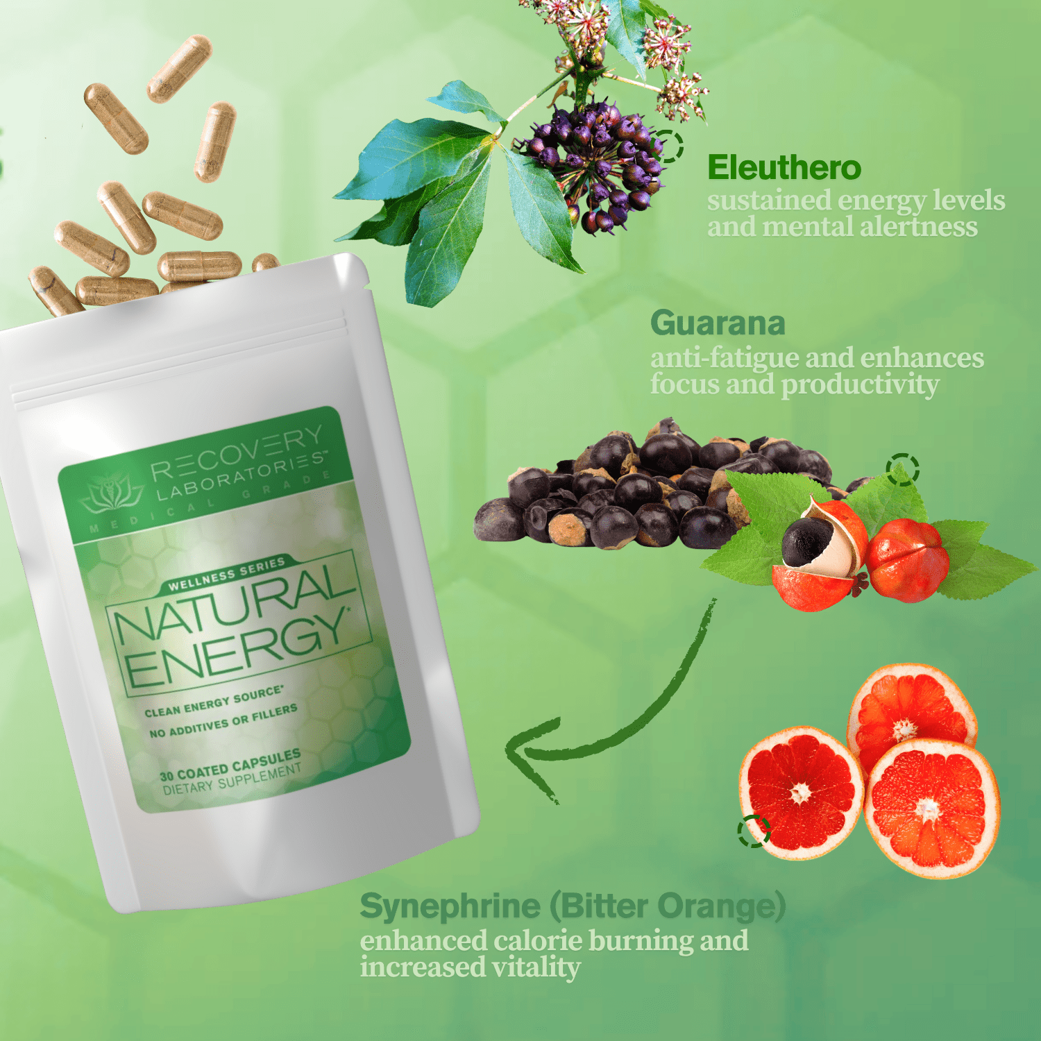 Natural Energy Supplement with Ingredients Displayed and Explained