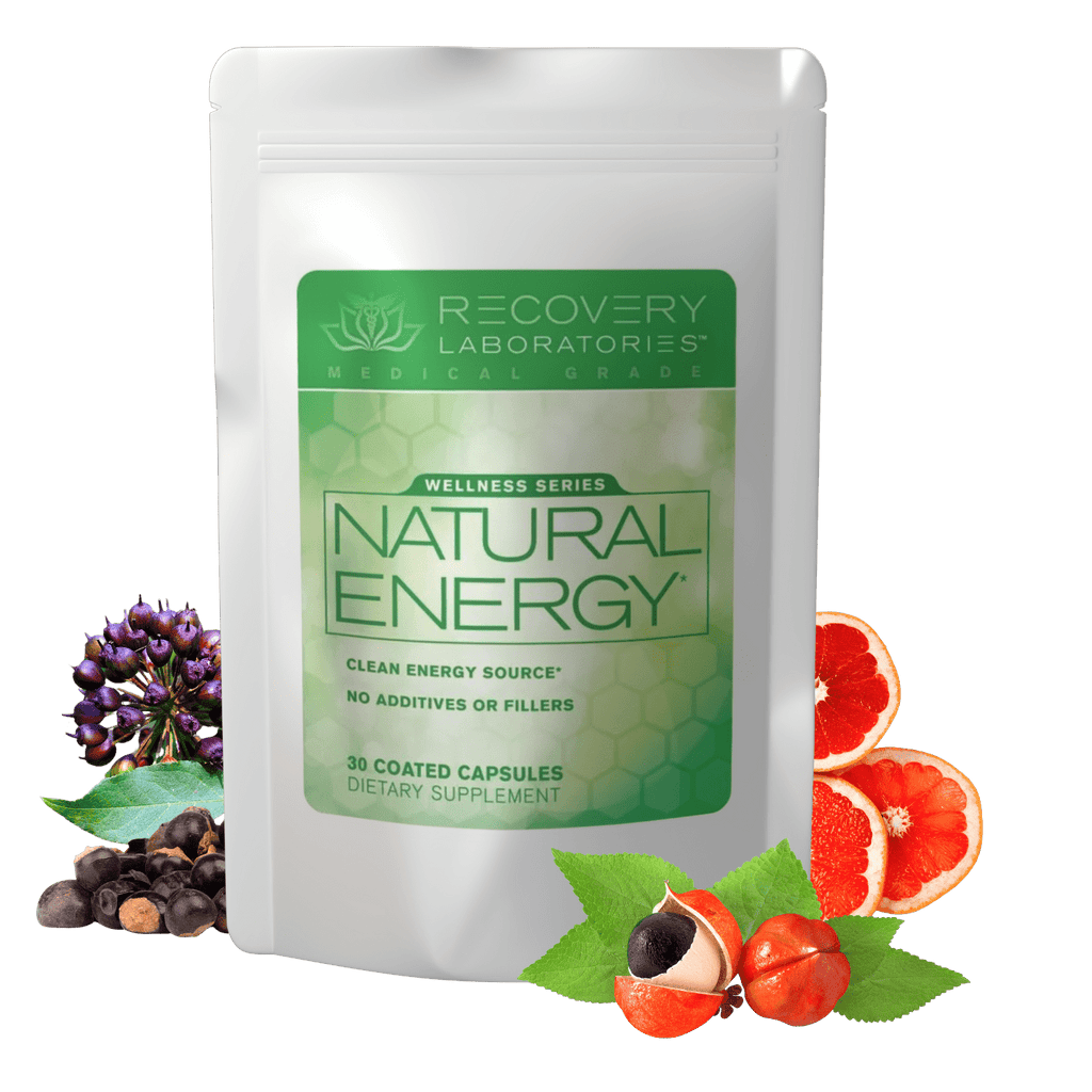 Natural Energy Supplement with Ingredients Displayed