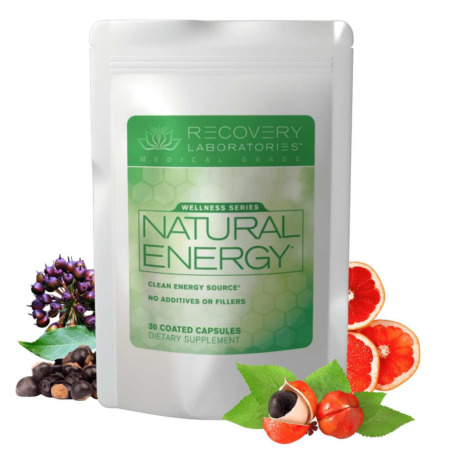 Natural Energy Supplement with Ingredients Displayed