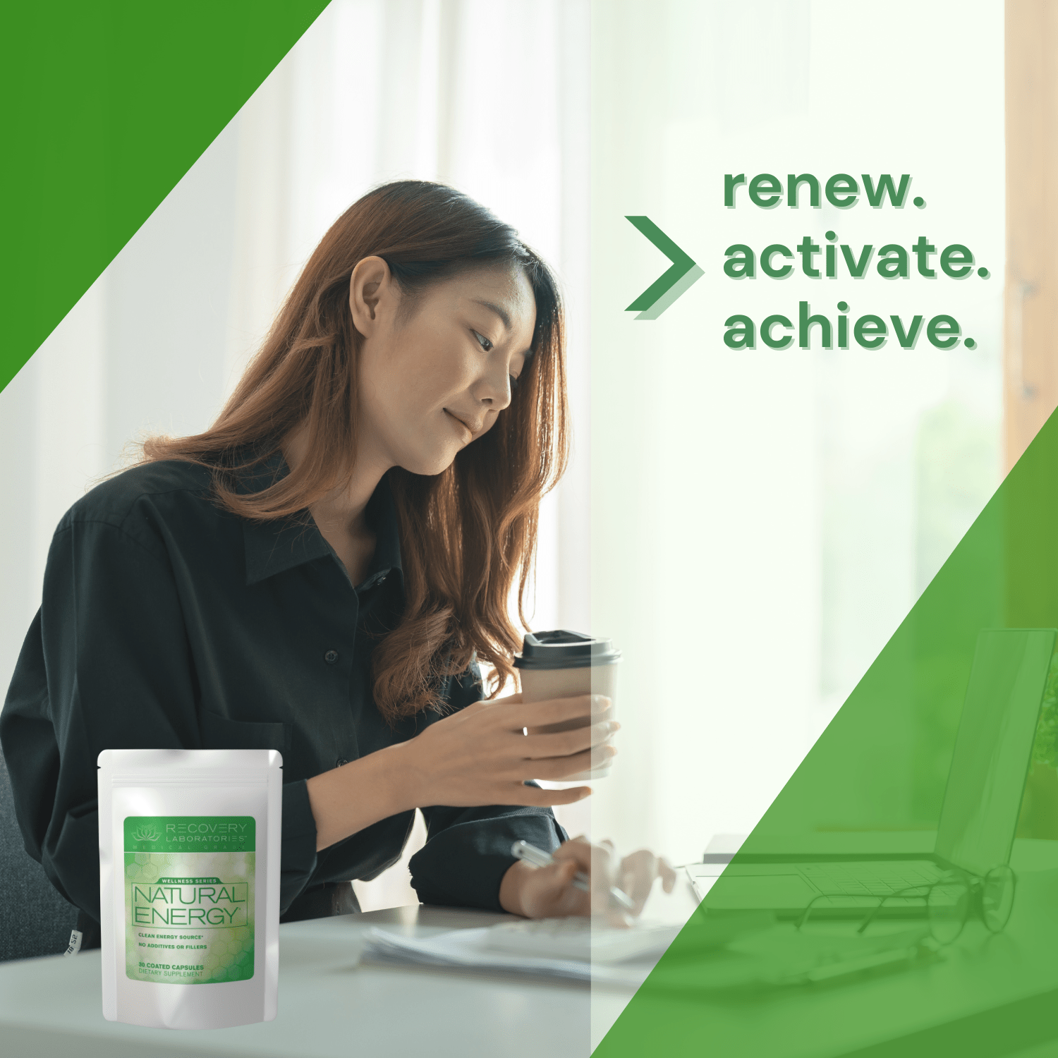 Natural Energy Supplement with Woman Working