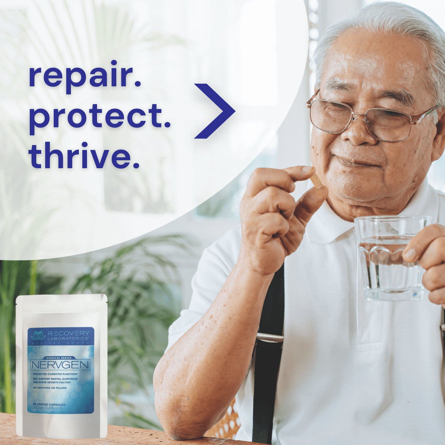 Nervgen Supplement lifestyle image with mature man taking capsule