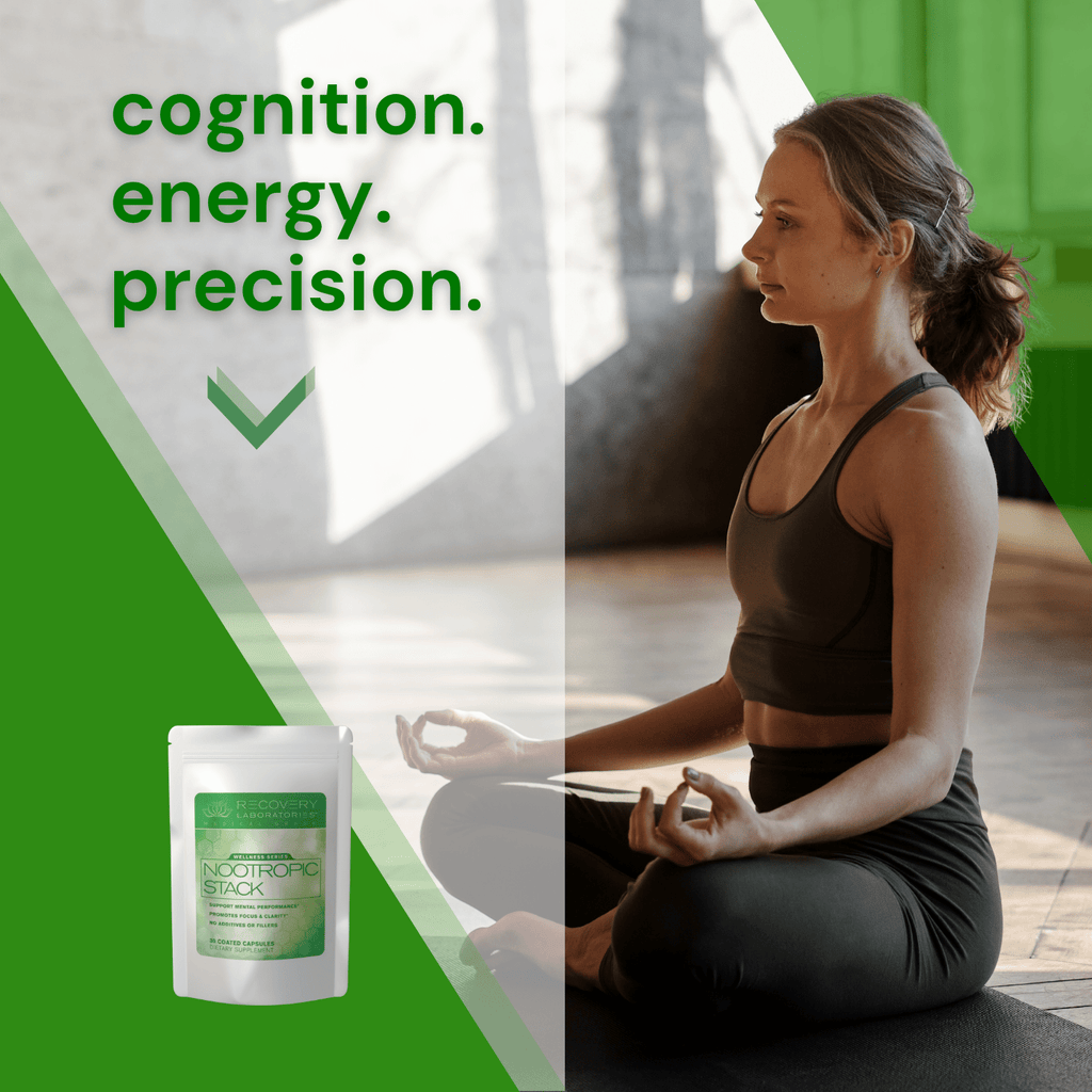 Nootropic Stack Supplement Lifestyle Image with Woman Focusing