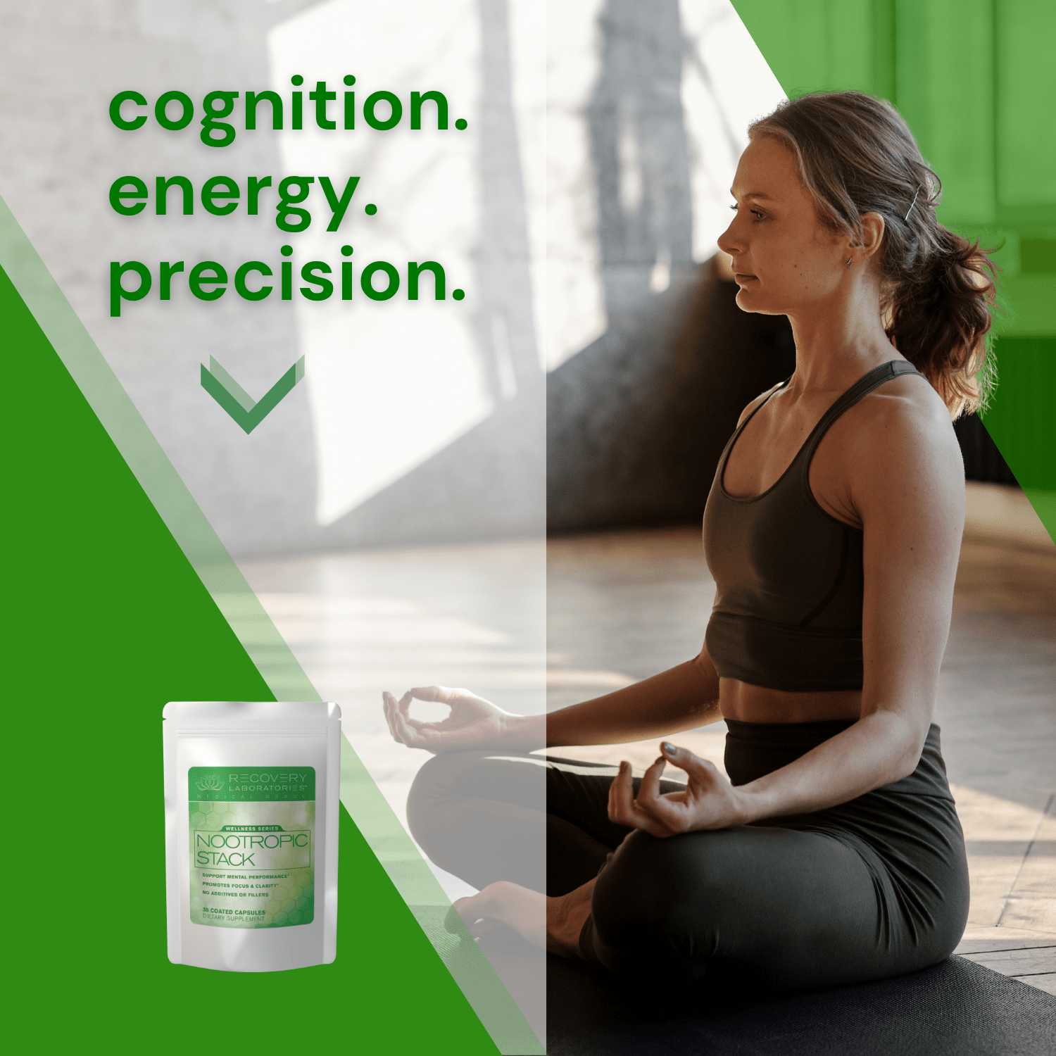 Nootropic Stack Supplement Lifestyle Image with Woman Focusing