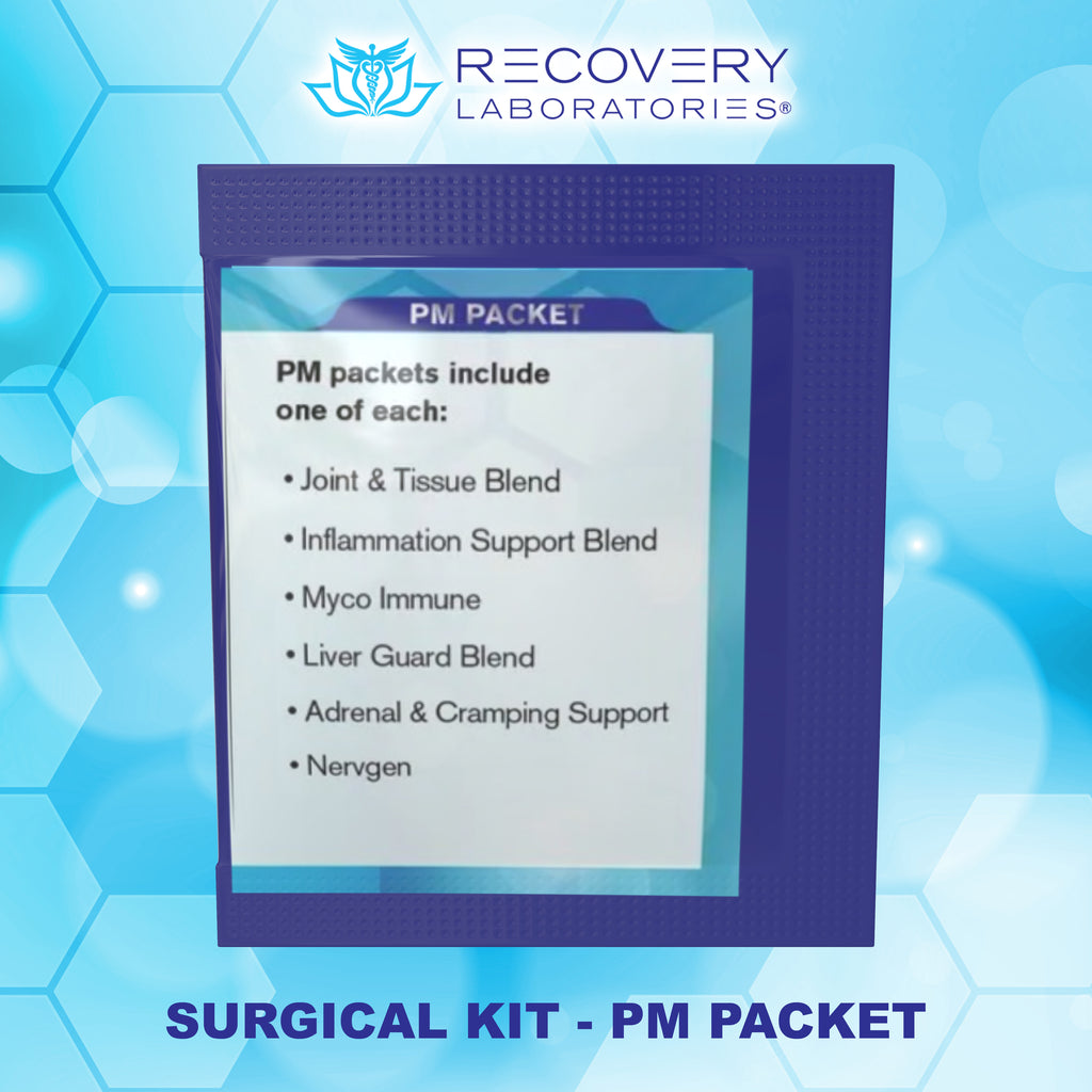 PM packet from Surgical Kit, containing nighttime supplements to support recovery, relaxation, and restful sleep