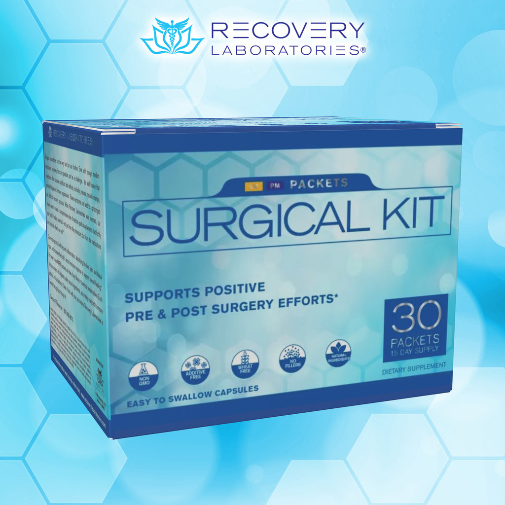 Complete Surgical Kit with AM and PM supplement packets designed to support pre- and post-operative recovery and wellness