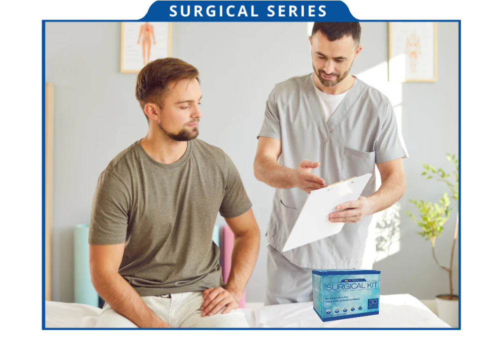 Doctor explaining a product to a patient in a medical setting