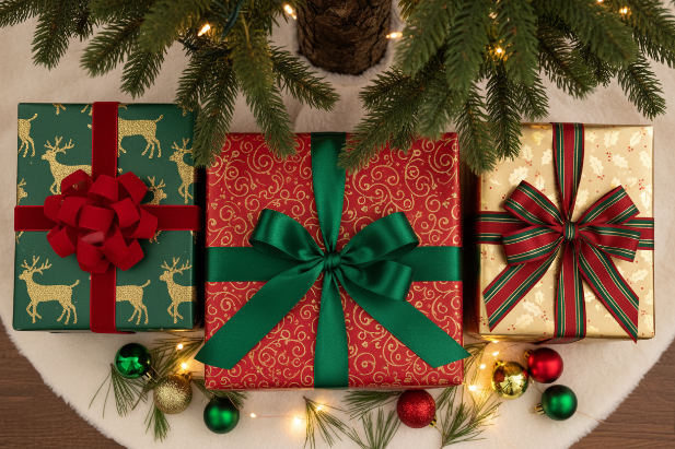 Three Christmas presents under a decorated tree with lights and ornaments.